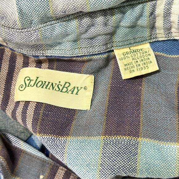 St Johns Bay Button Up Shirt Men Size L Green Blue Plaid Long Sleeve FLAW - Picture 4 of 7